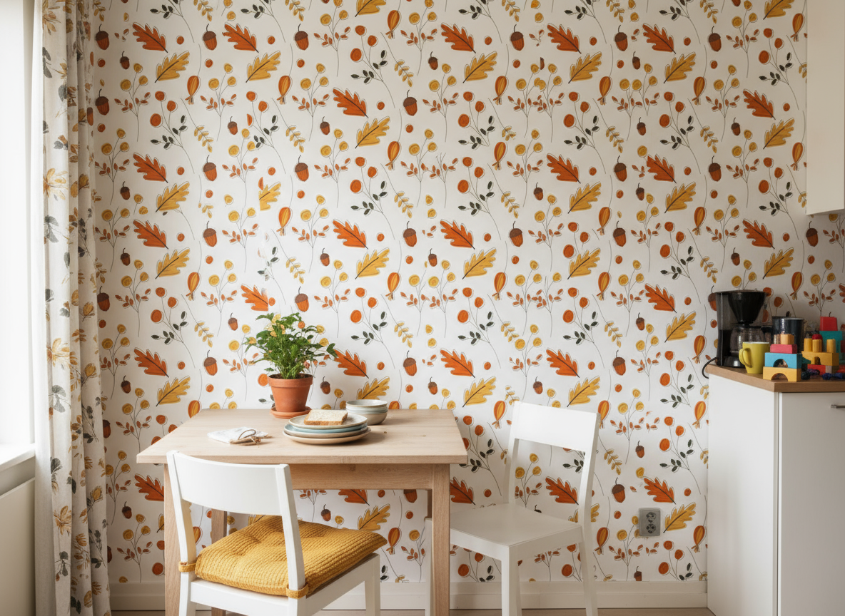 Papier peint panoramique automnal : table en bois, chaises blanches aux coussins jaunes et plante en pot