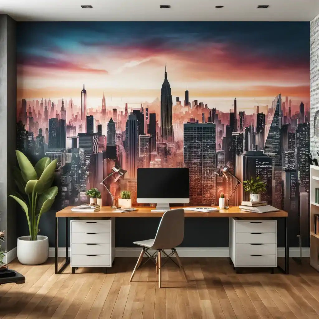 Espace de travail moderne avec des tiroirs blancs et un plateau en bois sur fond de fresque représentant la skyline de New York.