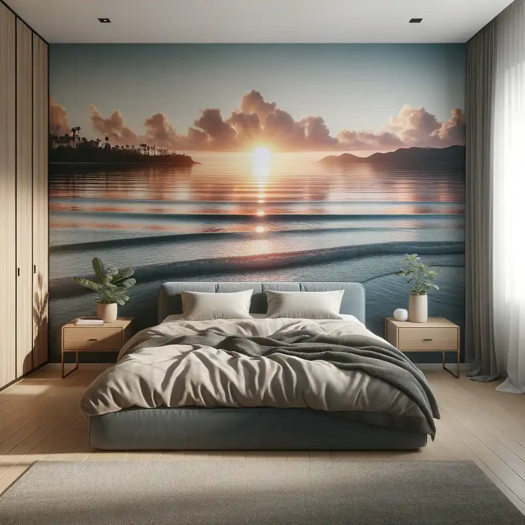 Lit moderne avec rembourrage gris et literie froissée contre une fresque murale de coucher de soleil tropical.