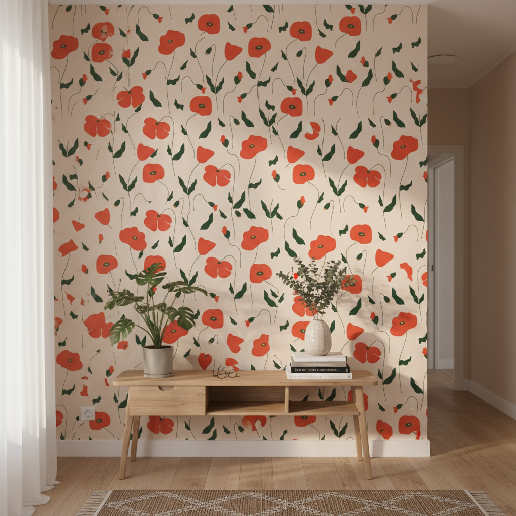 Papier peint panoramique pavot rouge avec feuilles vertes sur fond crème