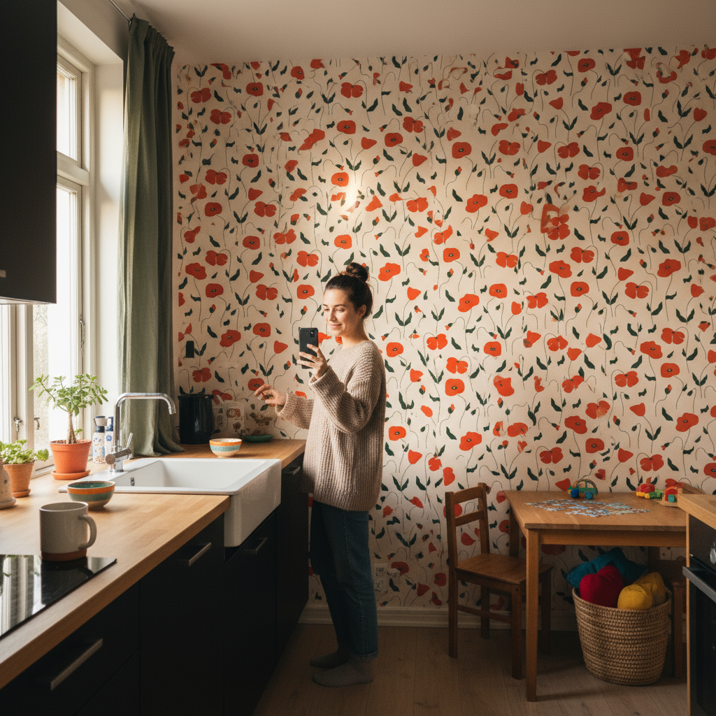 Papier peint panoramique avec motif pavot rouge sur fond crème