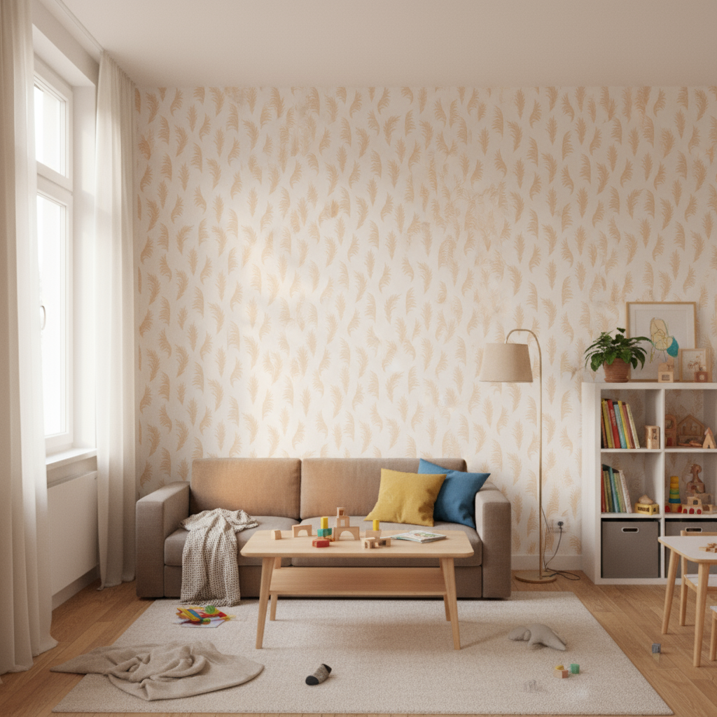 Canapé beige style boho avec coussins colorés et pieds en bois, motif pampa cortaderia