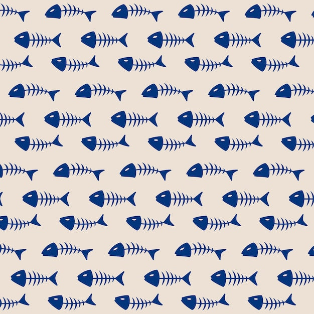 Tissu motif os de poisson bleu sur fond beige, nautical
