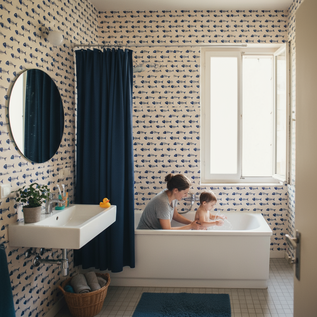 Évier Ikea mural blanc avec motif d’os de poisson sur fond beige