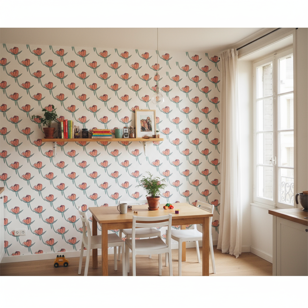 Papier peint tulipes blanches accents roses lignes épurées