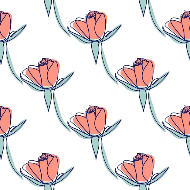 Papier peint motif fleurs tulipes avec lignes épurées, tissu corail à tiges teal