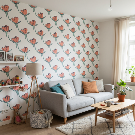 Canapé gris moderne avec papier peint floral motifs tulipes et table basse bois lignes épurées