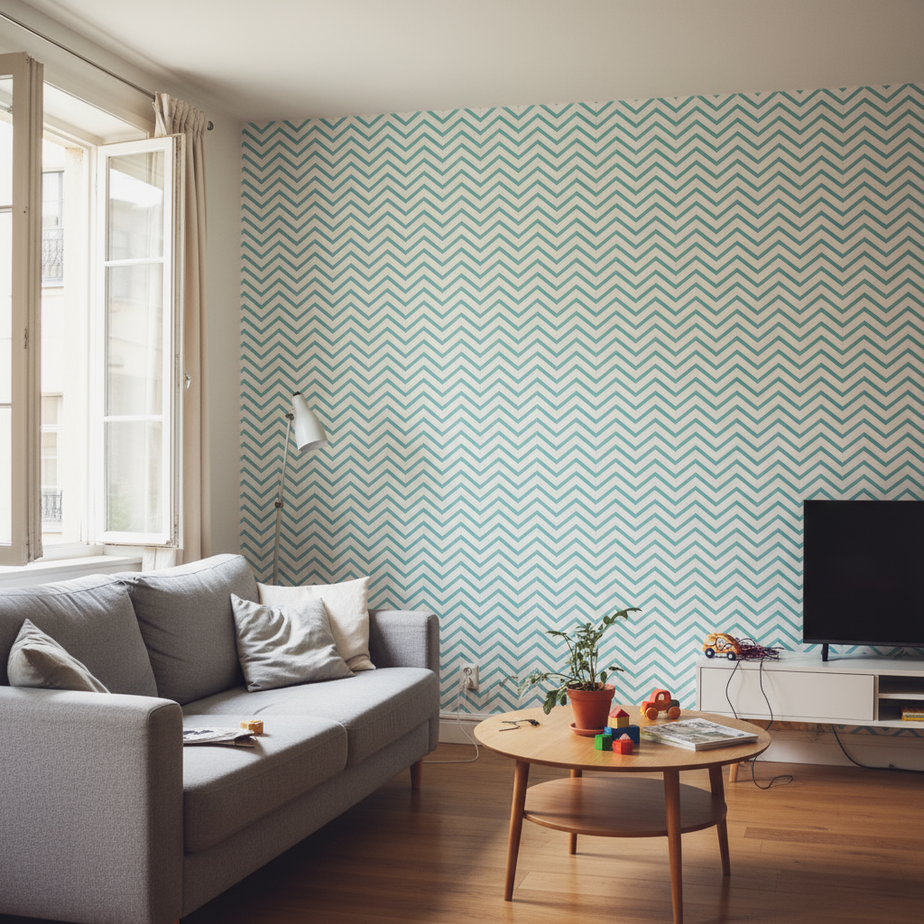 Papier peint chevron teal et blanc, motif géométrique abstrait sur mesure