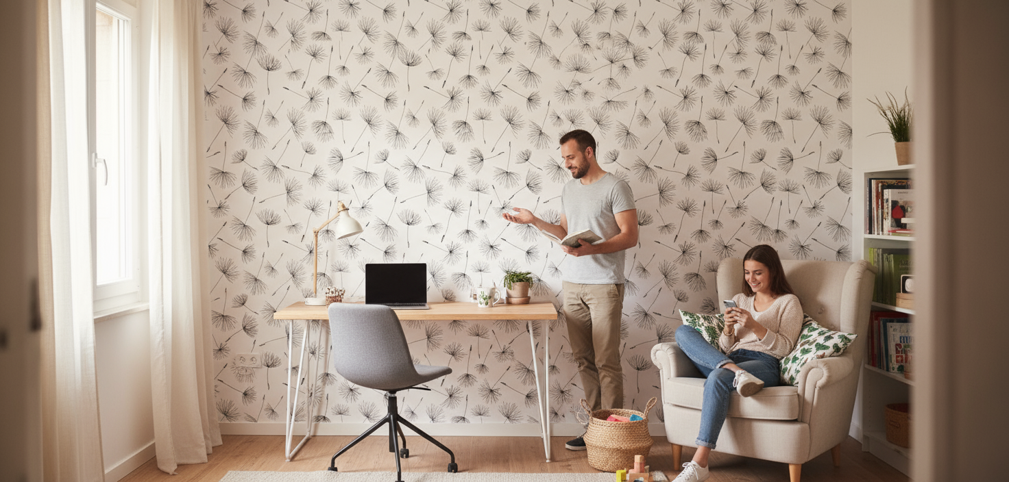 Bureau en bois aux pieds blancs et chaise noire, motif graines de pissenlit dessinées main pour papier peint