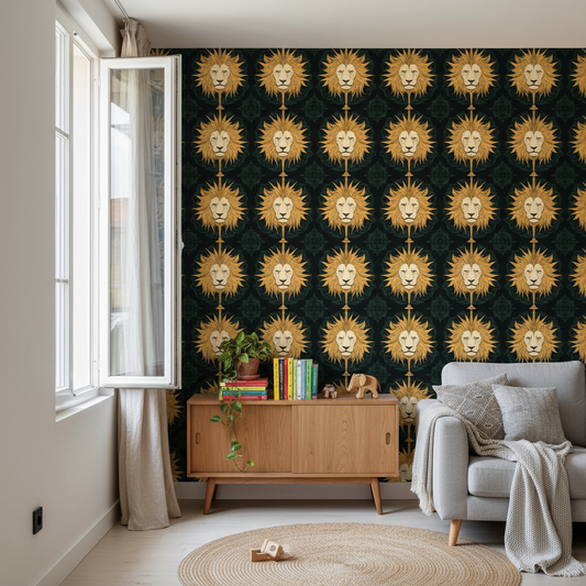 Papier peint motif lion vert tête or fond sombre diamant noir