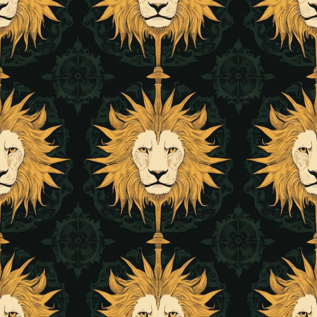 Papier peint motif sans couture têtes de lion sur fond sombre