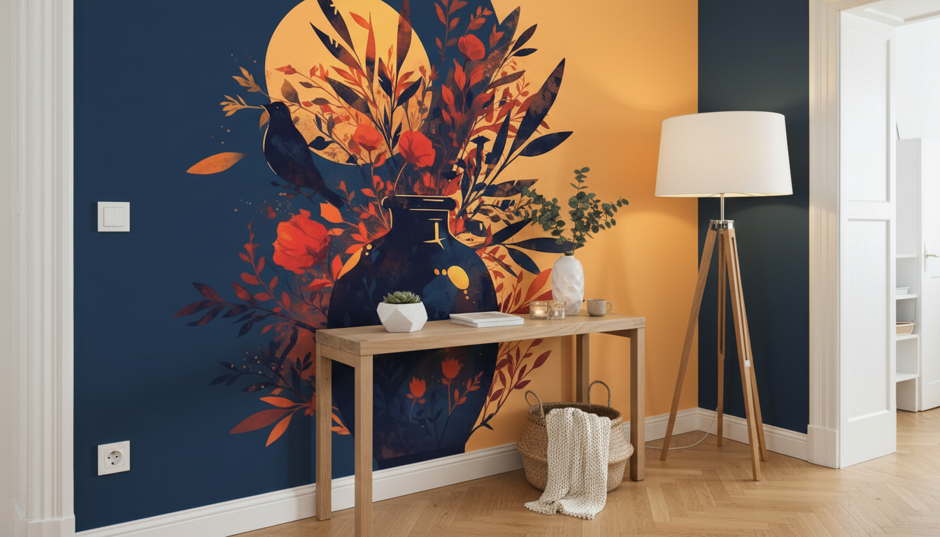 Papier peint panoramique sur mesure : vase bleu avec fleurs orange et rouges sur mur marine, motifs artisanaux éclatants inspirés du Madhya Pradesh