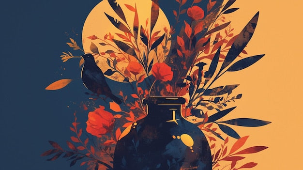 Vase céramique bleu foncé avec fleurs orange et rouge vives, fond dégradé chaud, motifs artisanaux éclatants Madhya Pradesh