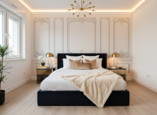 Lit paisible en velours noir avec literie blanche et couverture crème sous lumière douce