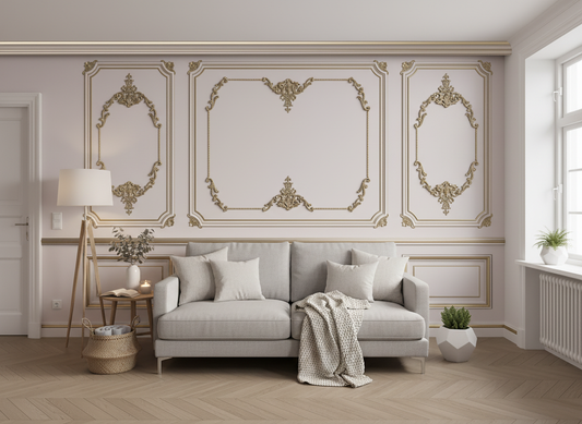 Canapé gris clair capitonné avec moulures classiques en papier peint orné