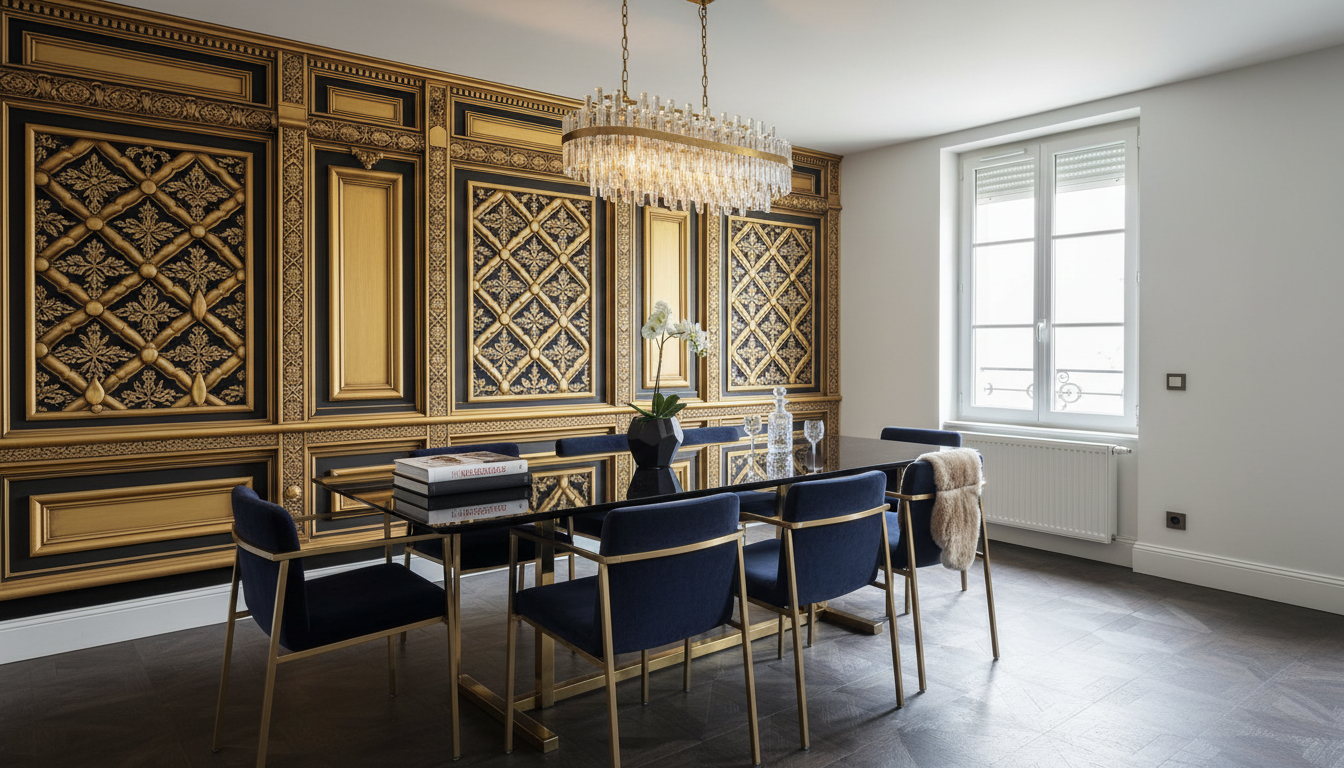 Table basse Moulures Classiques avec verre noir et or sur papier peint panoramique