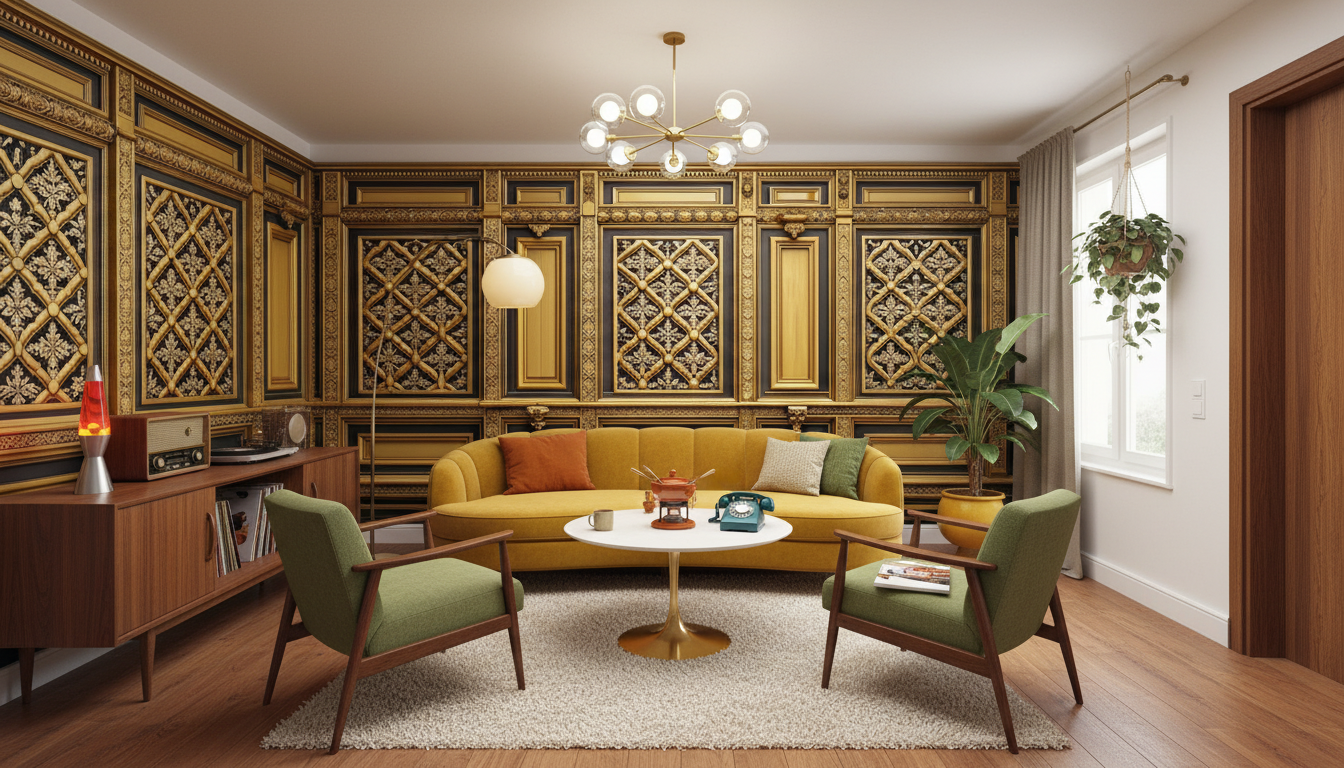 Canapé jaune courbé avec coussins orange et vert dans scènes d’intérieur panoramiques