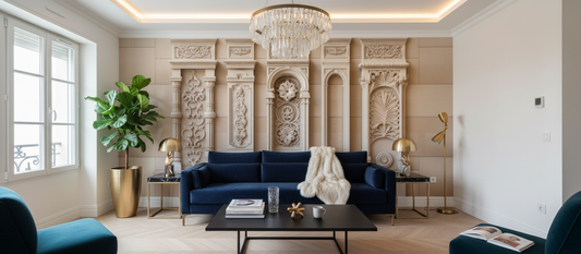 Canapé en velours bleu profond avec plaid blanc, moulures sculpturales sous lumière classique