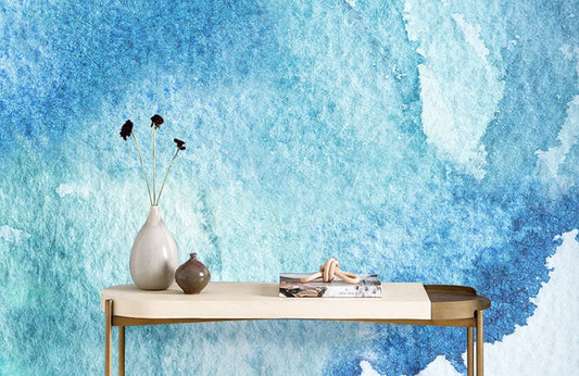 Papier peint panoramique à l’œuvre d’art aquarelle bleue et teal pour mur élégant