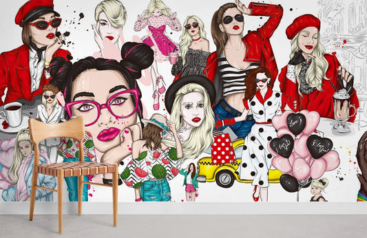 Collage d’illustrations mode sur papier peint beauté urbaine pour décoration tendance