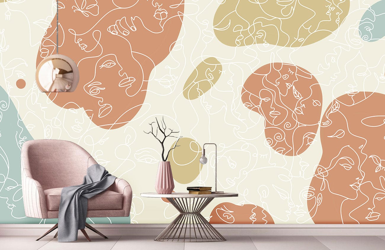 Papier peint panoramique avec blocs colorés et mobilier minimaliste moderne