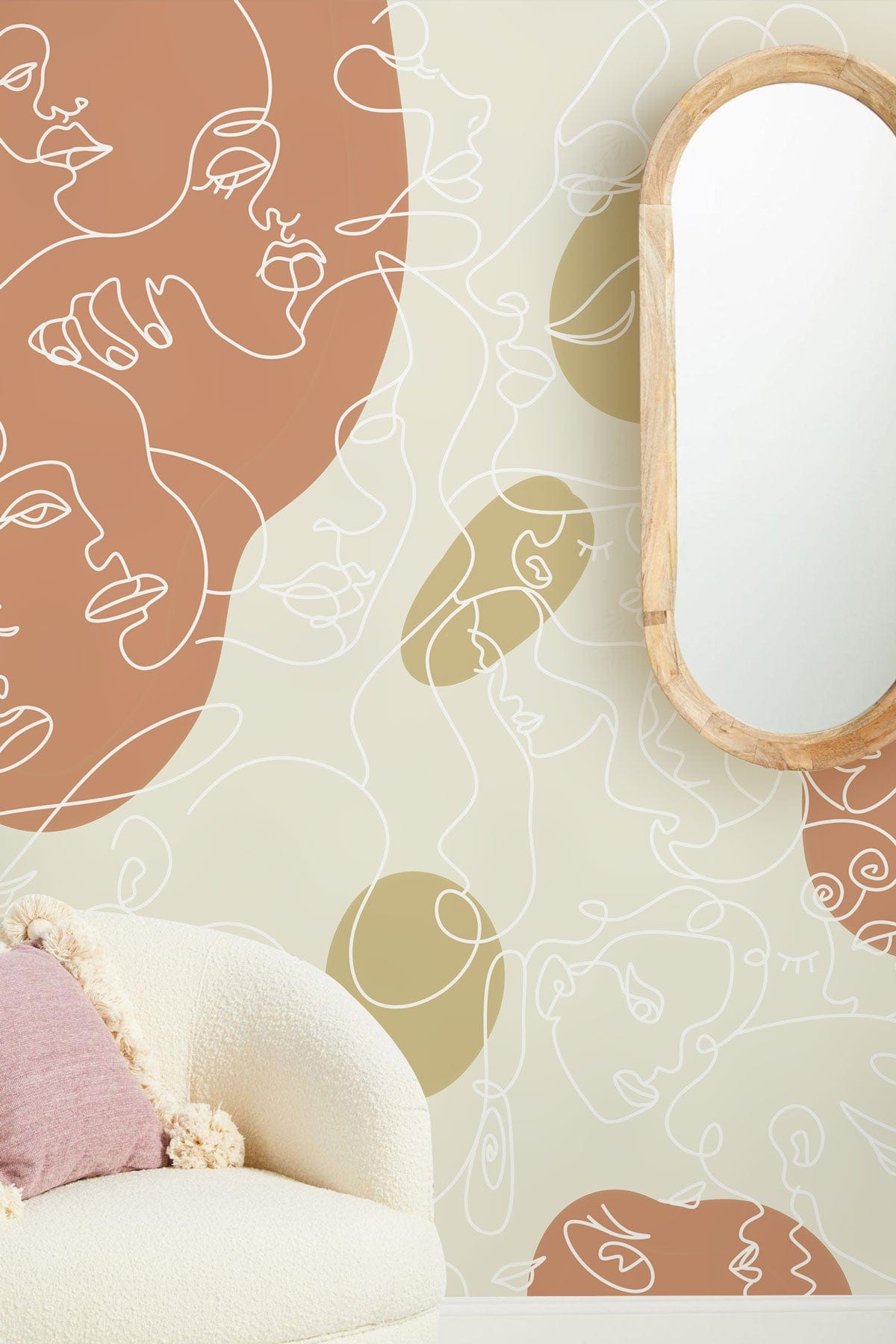 Papier peint panoramique avec blocs colorés et art de visage abstrait en tons terre