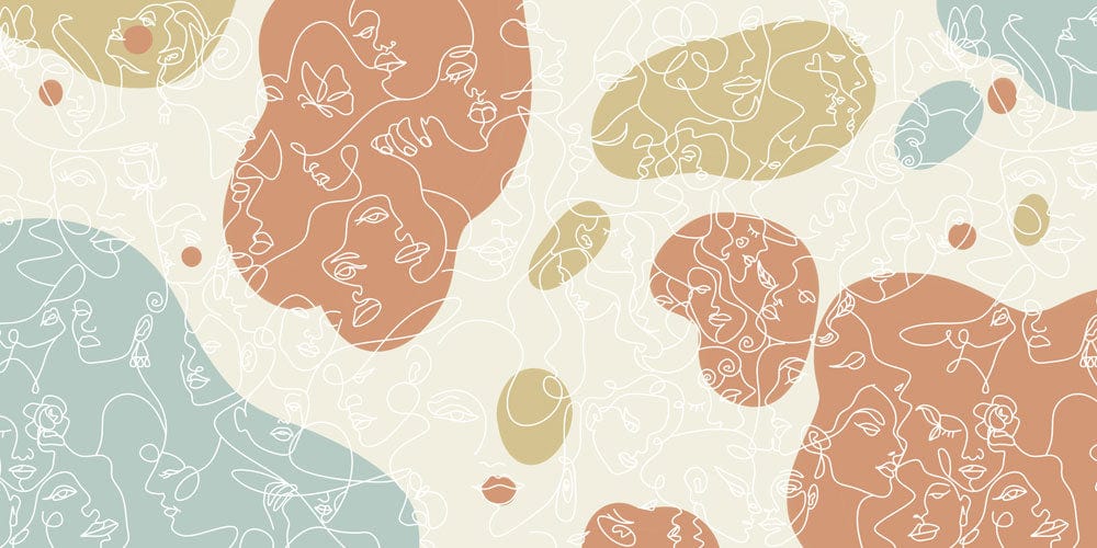 Papier peint panoramique avec motif abstrait de visages en blocs colorés et formes organiques