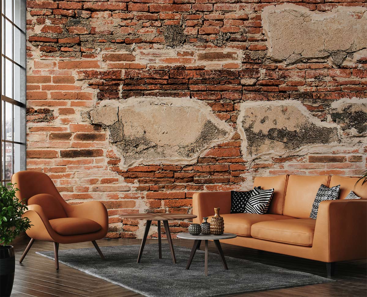 Murale de Papier Peint en Briques Corrodées pour un salon moderne avec mobilier orange