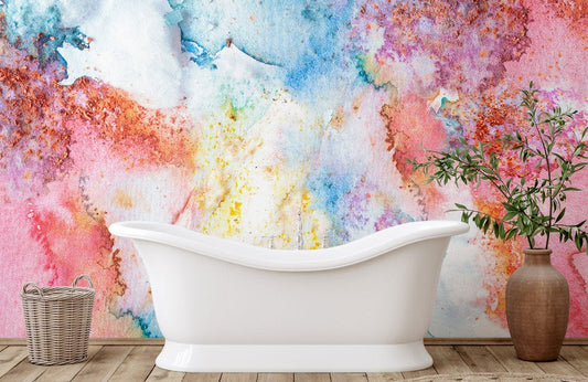 Baignoire à pieds blanche dans la Murale de Papier Peint Explosion d’Aquarelle, papier peint panoramique