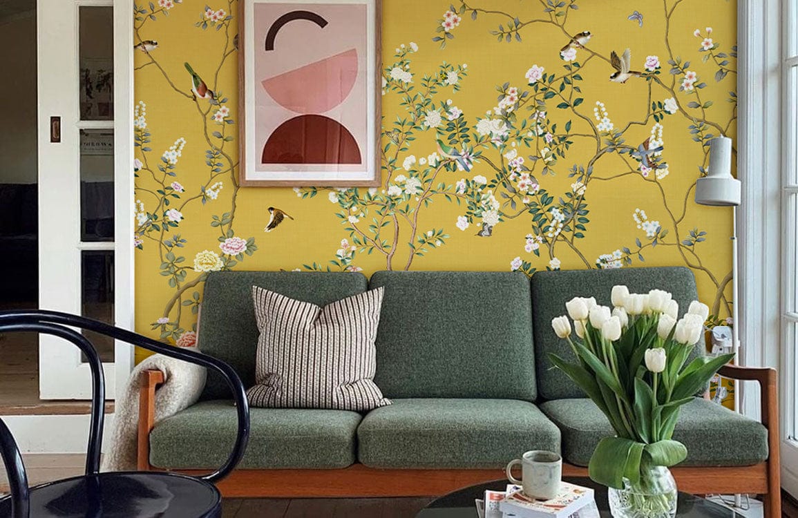 Murale de Papier Peint Paysage de Fleurs avec canapé vert style Mid-century modern