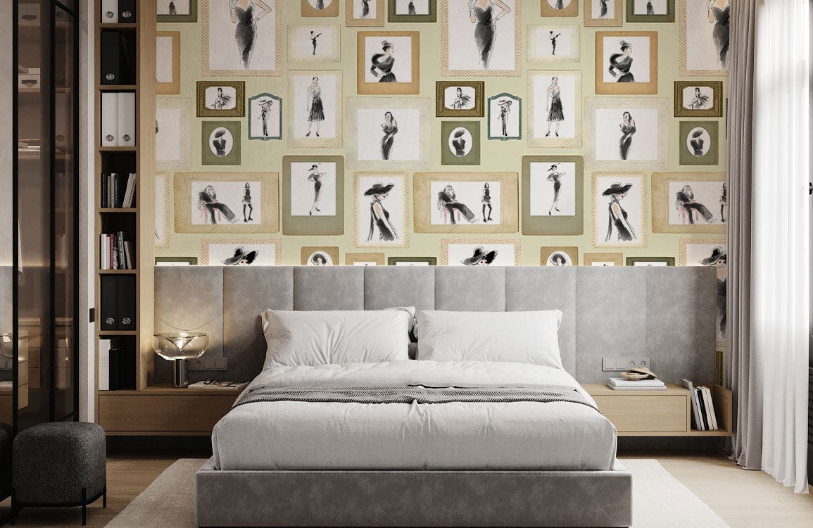 Murale de papier peint pour dames modernes avec lit gris moderne et literie blanche