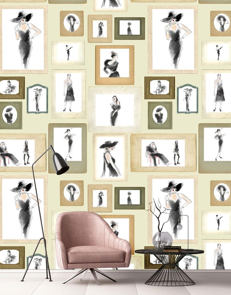 Chaise pivotante en velours rose clair avec papier peint panoramique pour dames modernes