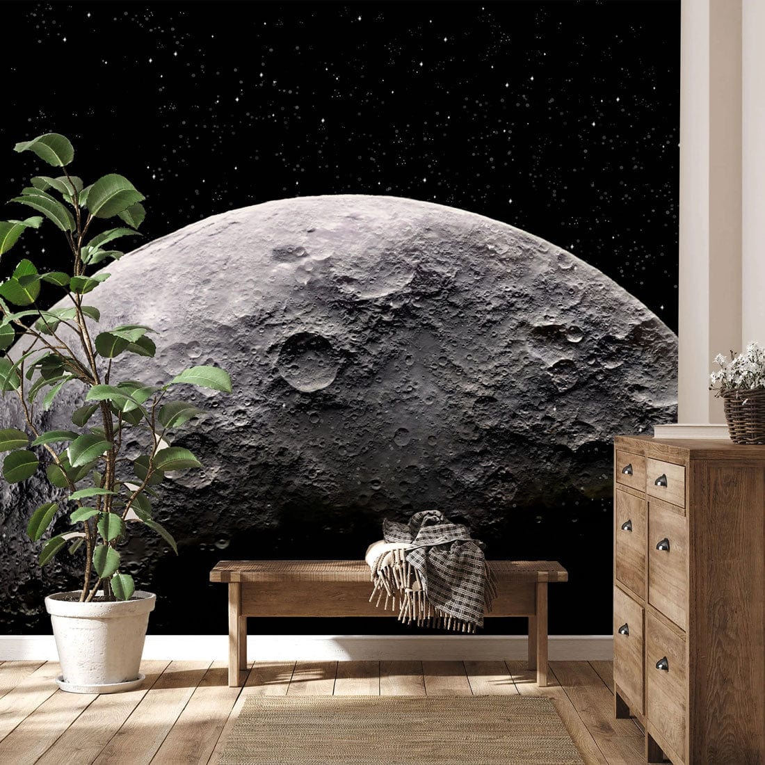 Papier peint surface avec motif lunaire réaliste, cratères et ciel étoilé pour mur