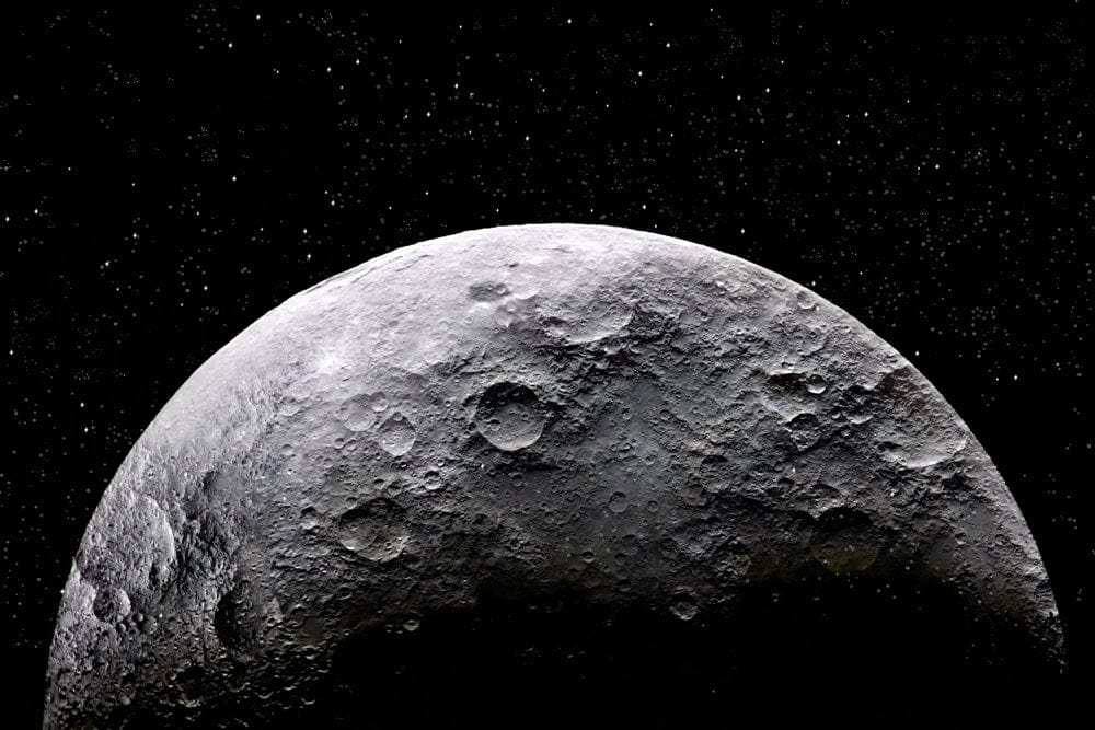 Peinture murale surface lunaire montrant une lune cratérisée dans un ciel étoilé
