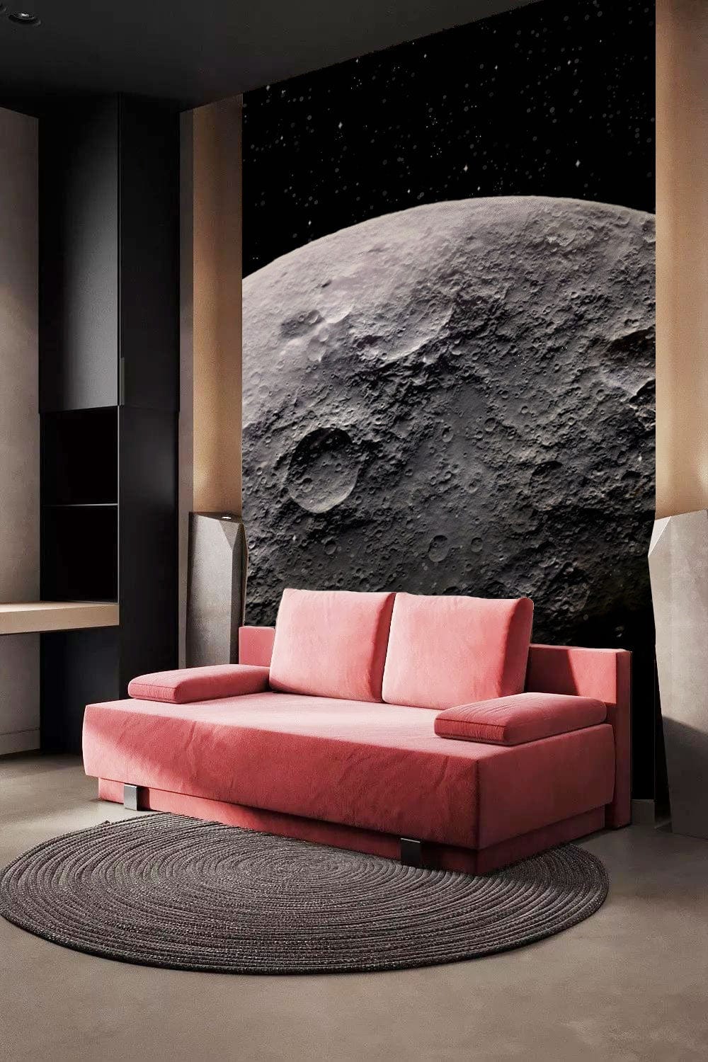 Canapé en velours rose avec coussins, parfait pour le papier peint surface Peint Surface Lunaire