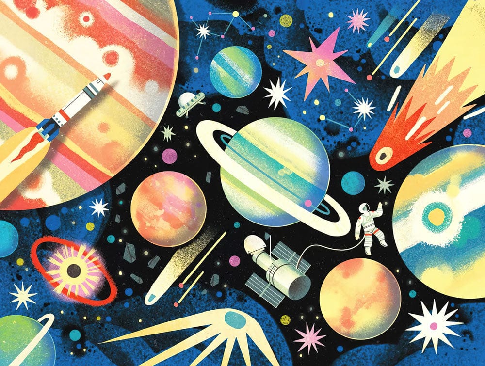 Illustration colorée et vibrante d’un papier peint tour des étoiles avec planètes et astronautes
