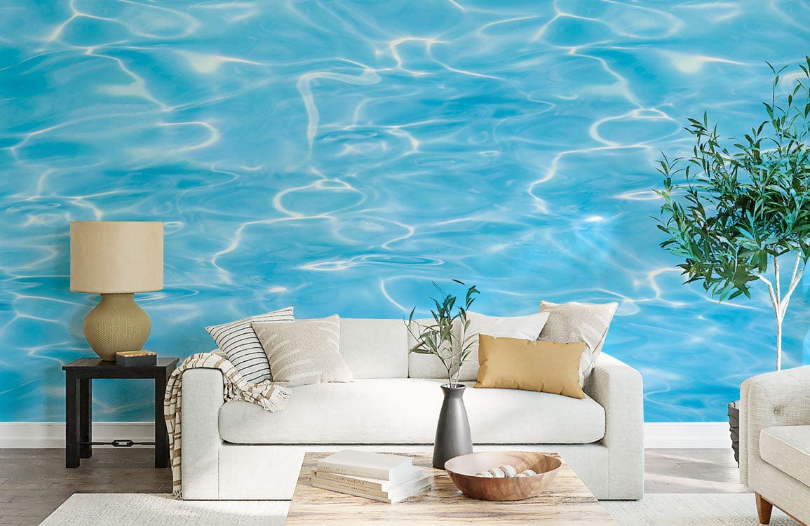 Image d’un salon avec canapé blanc et papier peint vagues bleu ciel Murale de Papier Peint Vagues Bleu Ciel