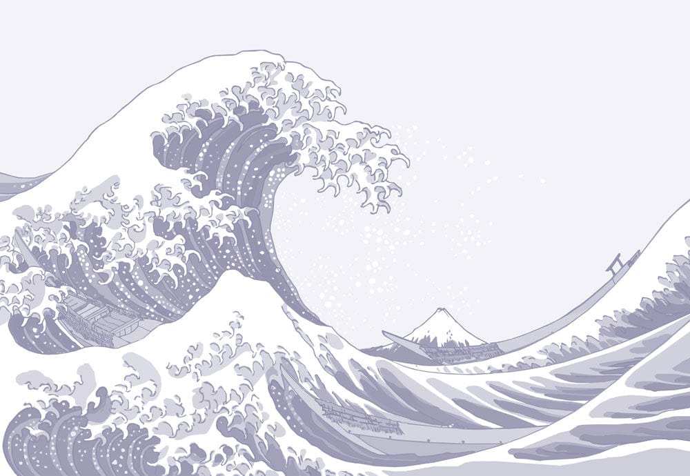 Peinture vagues bleu pastel avec Mont Fuji en pixel art pour papier peint vagues