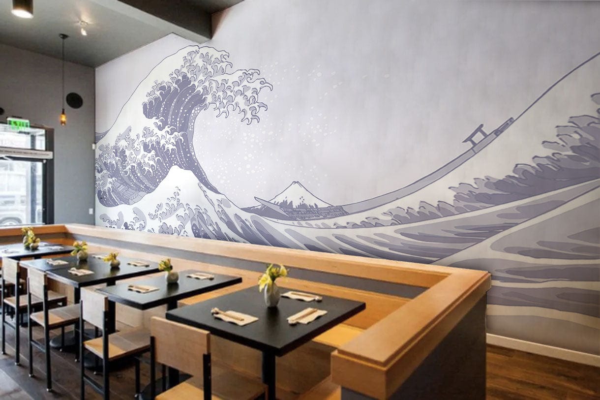 Intérieur de restaurant avec mural de vagues bleues pastel et Mont Fuji, peinture vagues bleu
