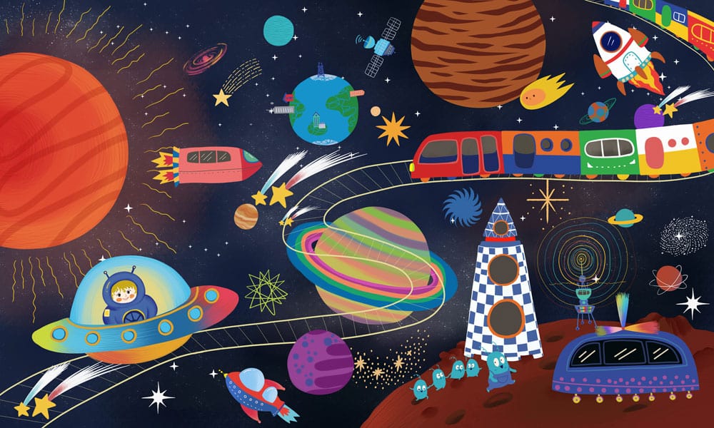 Papier peint voyage dans la galaxie avec planètes, fusées et créatures extraterrestres