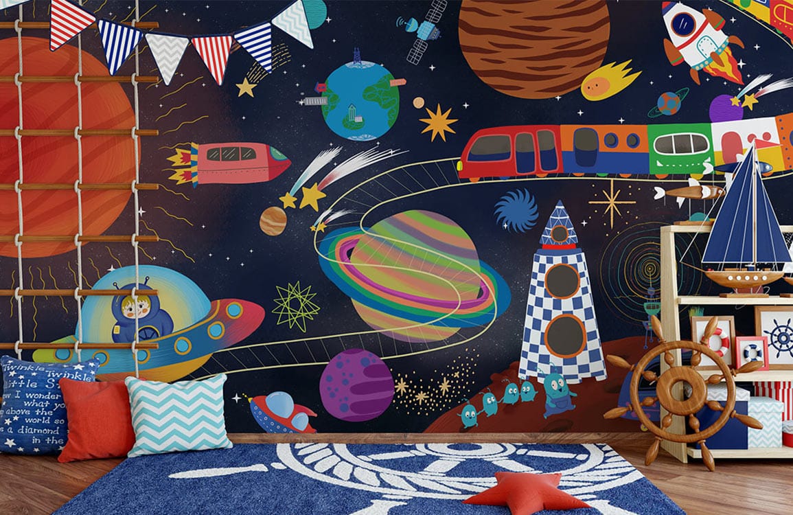 Murale de papier peint voyage dans la galaxie pour chambre d’enfant avec décor nautique