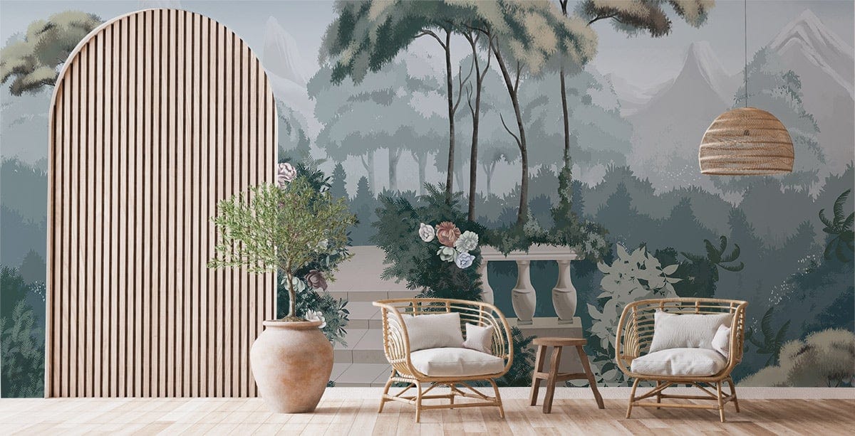 Chaise en rotin claire avec coussins blancs sur papier peint Yard II Peint Yard