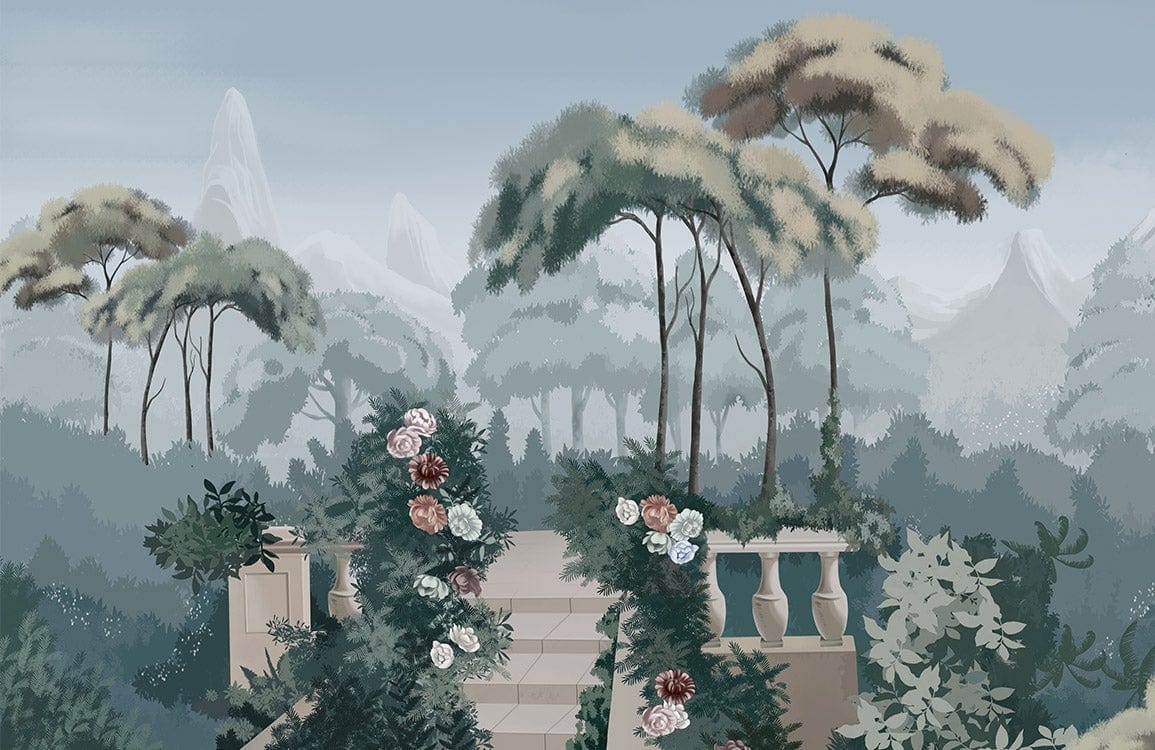 Murale de papier peint Yard II avec escalier, balustrades, arbres et roses en jardin fantastique