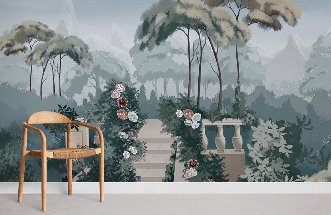Chaise en bois clair avec siège tissé, idéale pour le papier peint Yard II Peint Yard