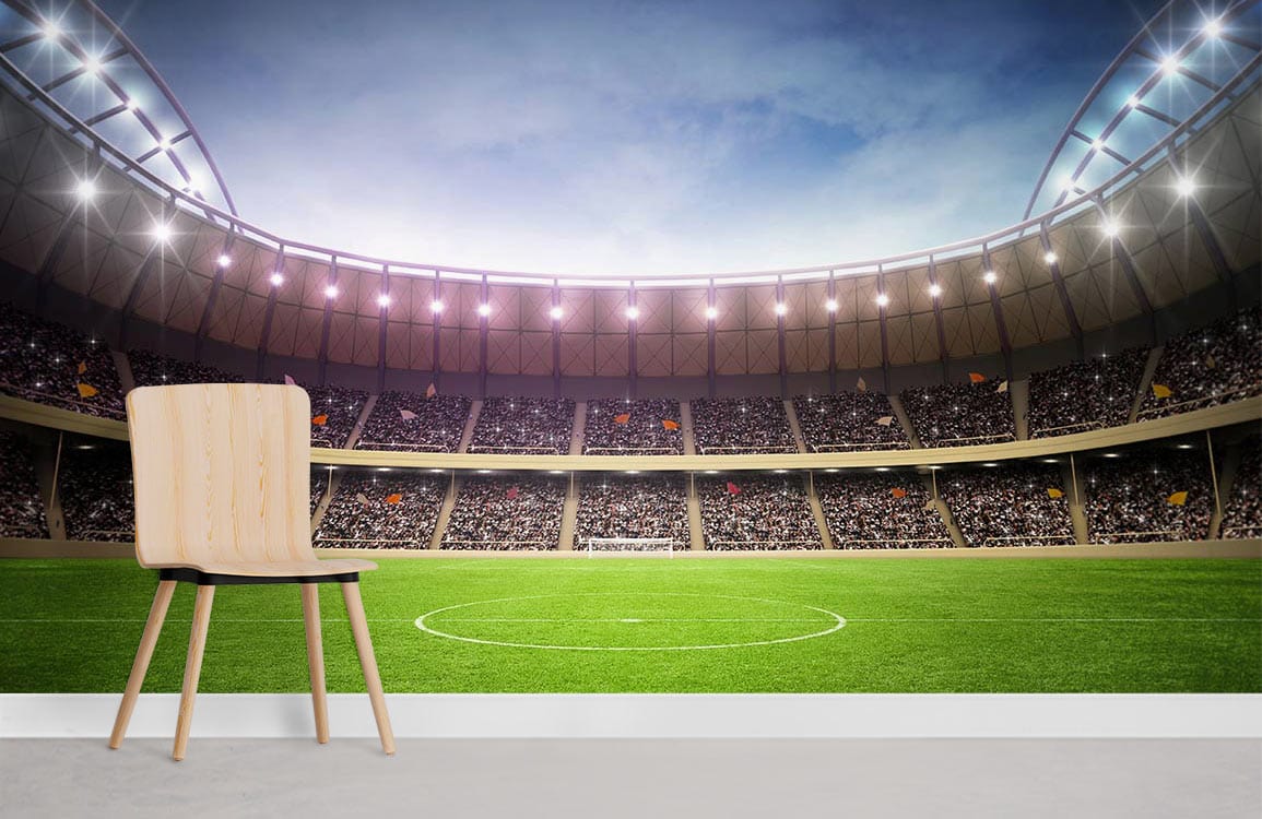 Chaise de salle à manger en bois clair avec assise noire sur papier peint panoramique Murale de Stade la Nuit