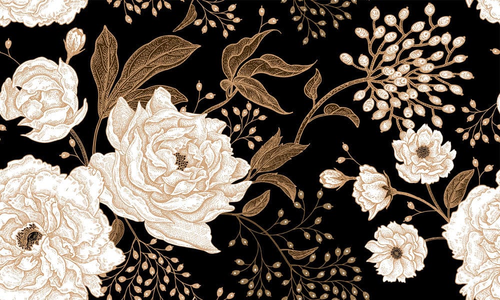 Murale élégante de papier peint floral avec motifs botaniques blancs et or sur noir