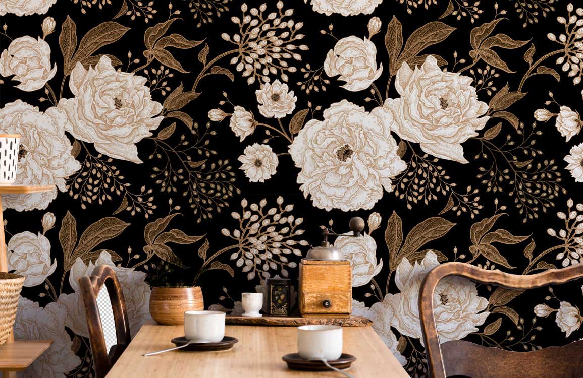 Papier peint floral élégant avec motif de fleurs blanches et or sur fond noir