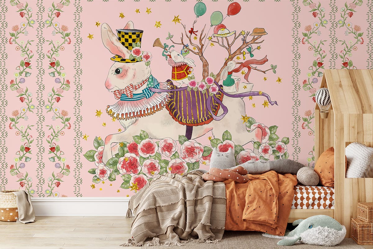 Murale Lapins & Fleurs pour papier peint - Le meilleur Papier peint panoramique Sur mesure