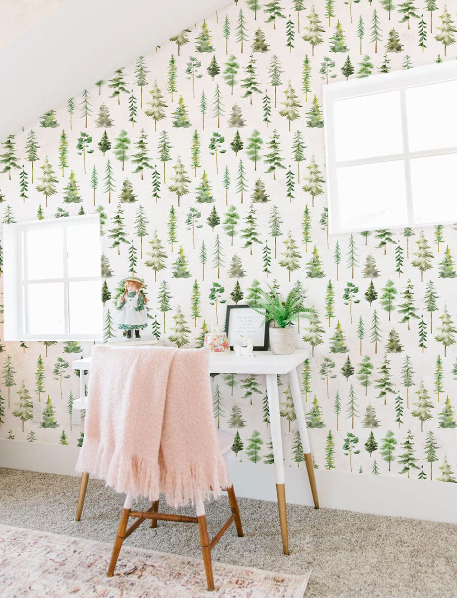 Murale mini forêt aquarelle en papier peint avec bureau blanc et pieds en bois clair