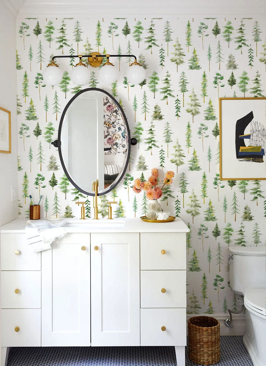 Vanité de salle de bain blanche avec évier unique et quincaillerie or, murale mini forêt